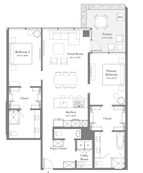 Floor plan for 2 beds, 2.5 baths, 1429 sqft